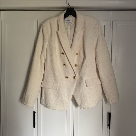 Nine West Jackets & Blazers - Women's Cream Double-Breasted Bouclé Blazer with Gold Buttons